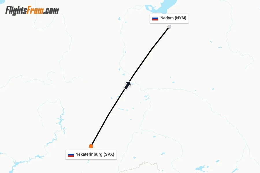 Flights from Yekaterinburg to Nadym route map