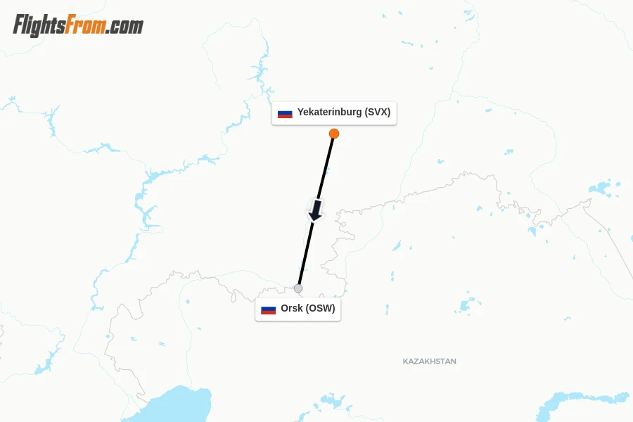 Flights from Yekaterinburg to Orsk route map
