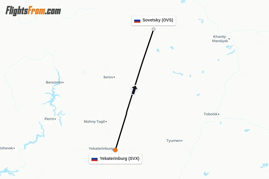 Flights from Yekaterinburg to Sovetsky route map