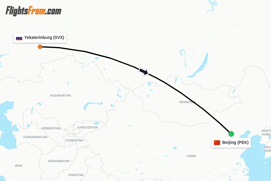 Flights from Yekaterinburg to Beijing route map