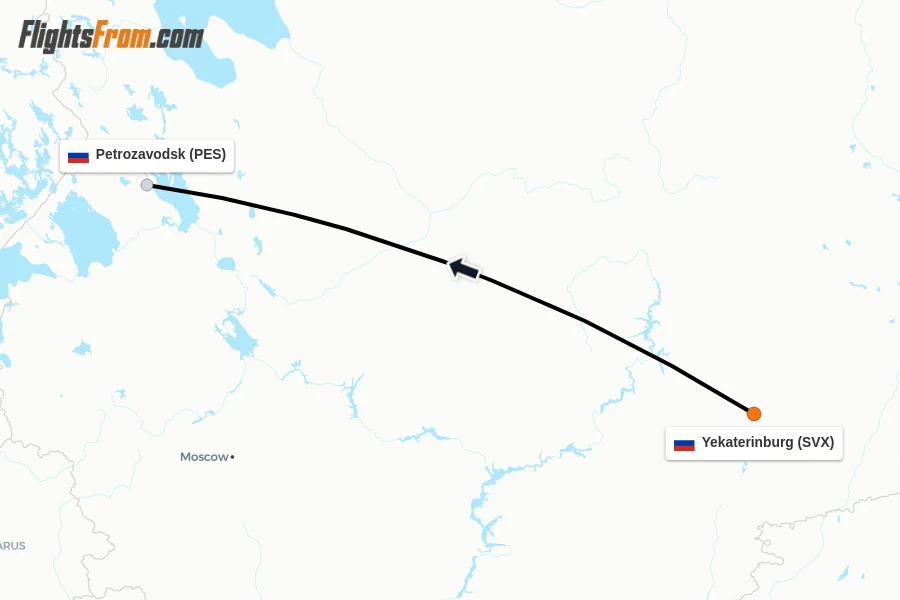 Flights from Yekaterinburg to Petrozavodsk route map