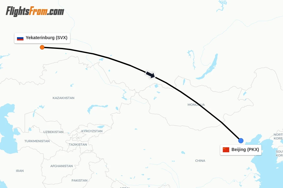 Flights from Yekaterinburg to Beijing route map