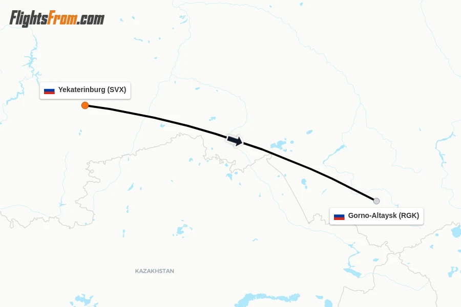 Flights from Yekaterinburg to Gorno-Altaysk route map