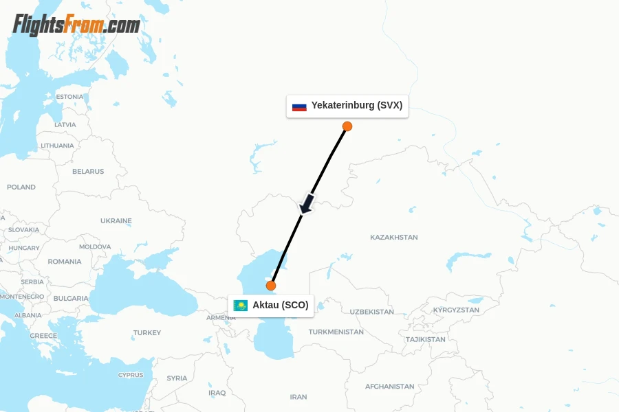 Flights from Yekaterinburg to Aktau route map