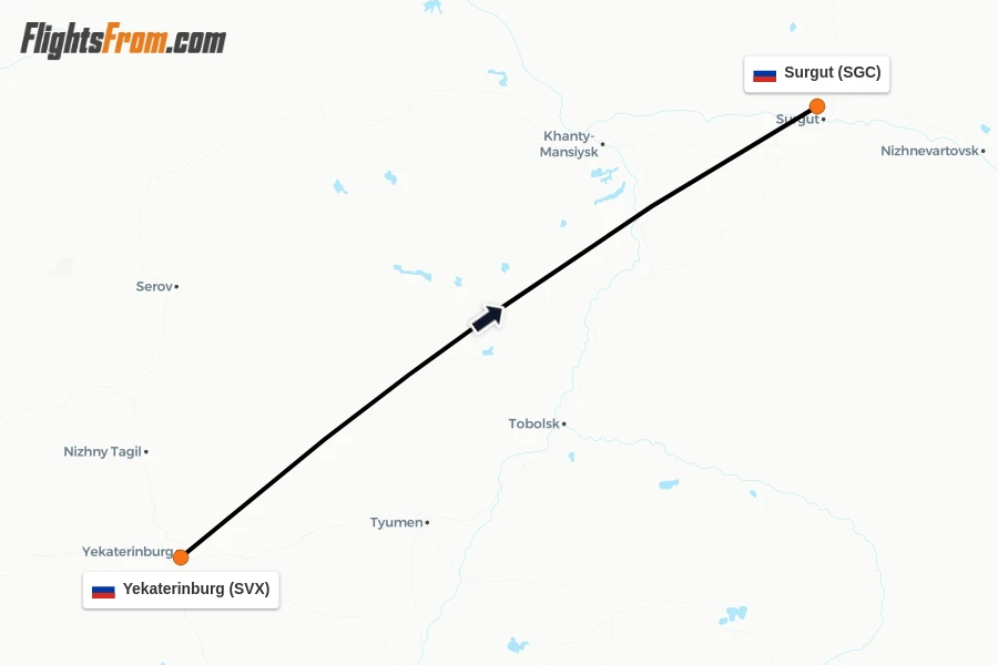 Flights from Yekaterinburg to Surgut route map