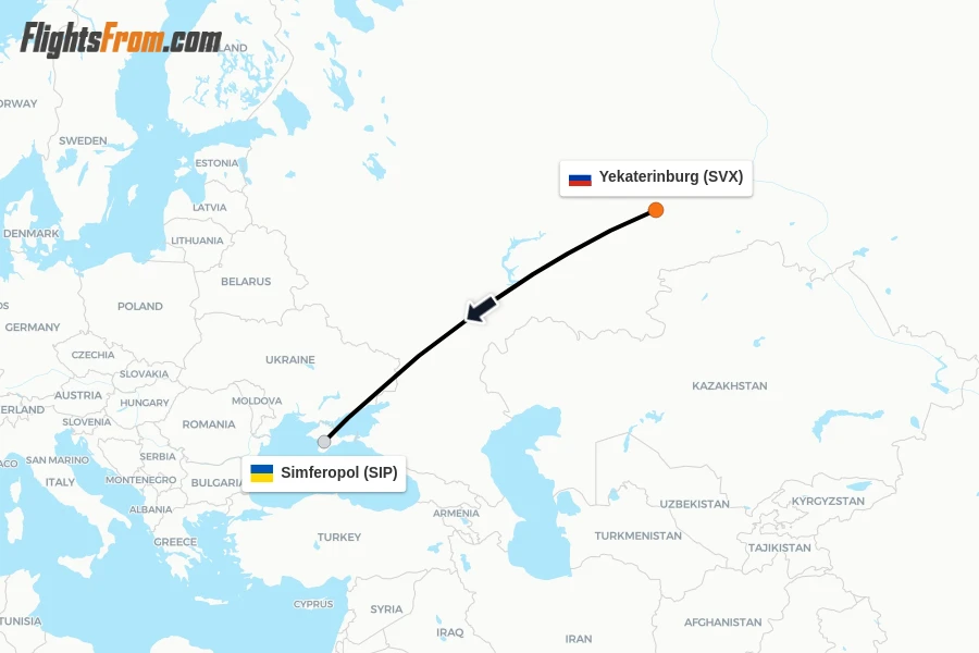 Flights from Yekaterinburg to Simferopol route map