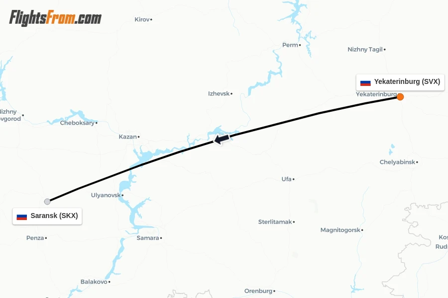 Flights from Yekaterinburg to Saransk route map