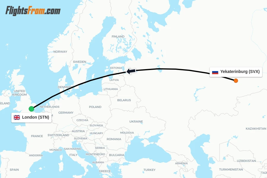 Flights from Yekaterinburg to London route map