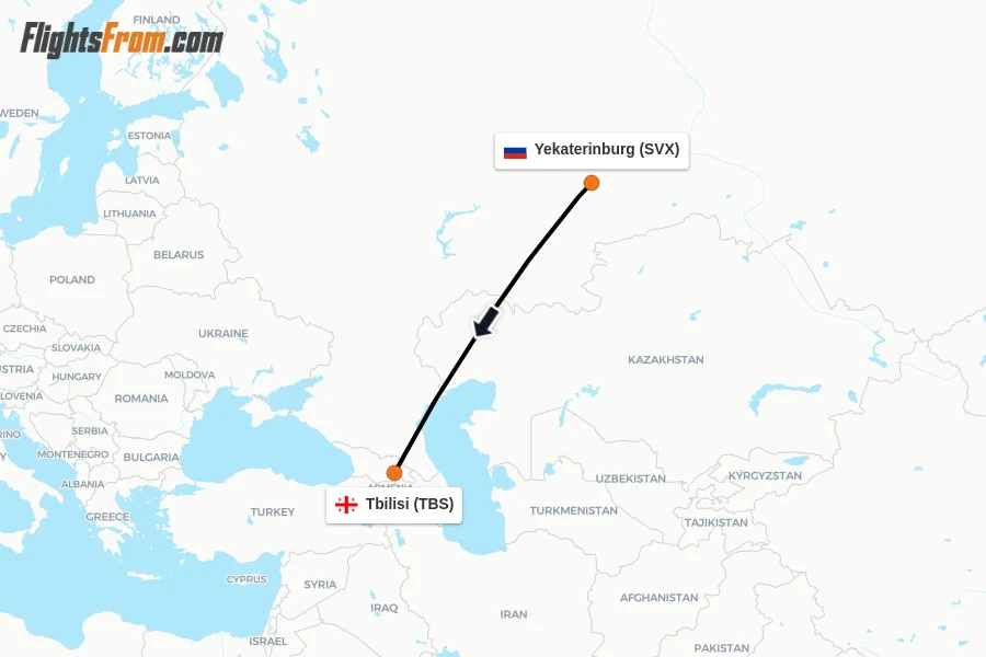 Flights from Yekaterinburg to Tbilisi route map