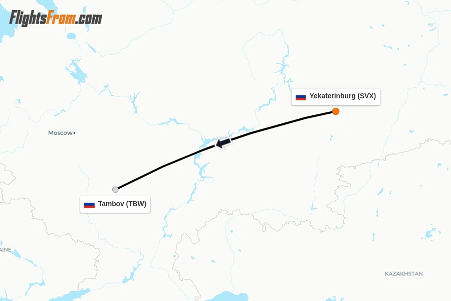 Flights from Yekaterinburg to Tambov route map