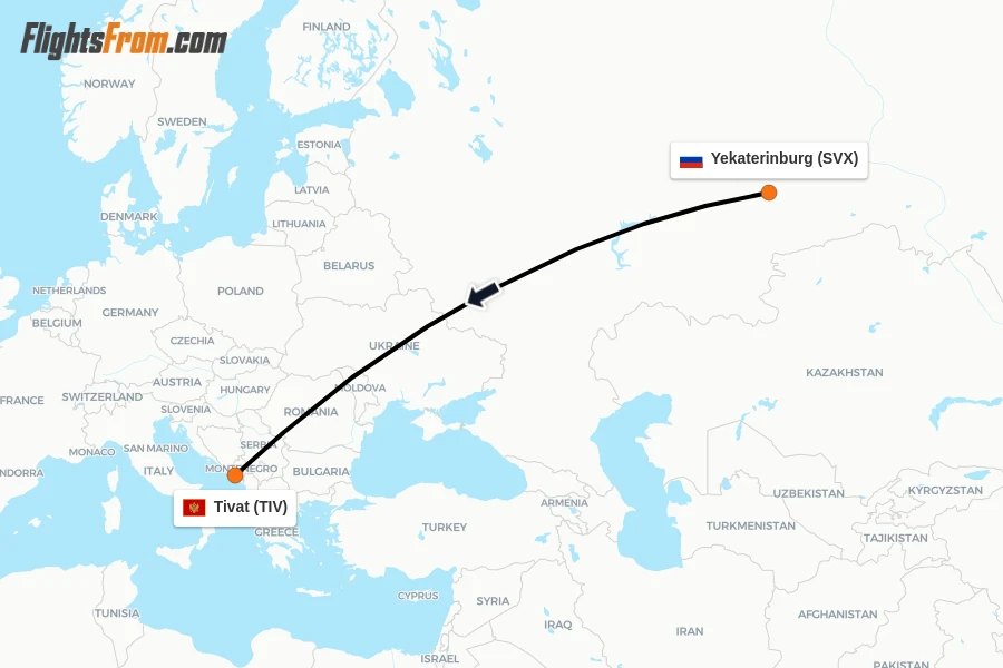 Flights from Yekaterinburg to Tivat route map