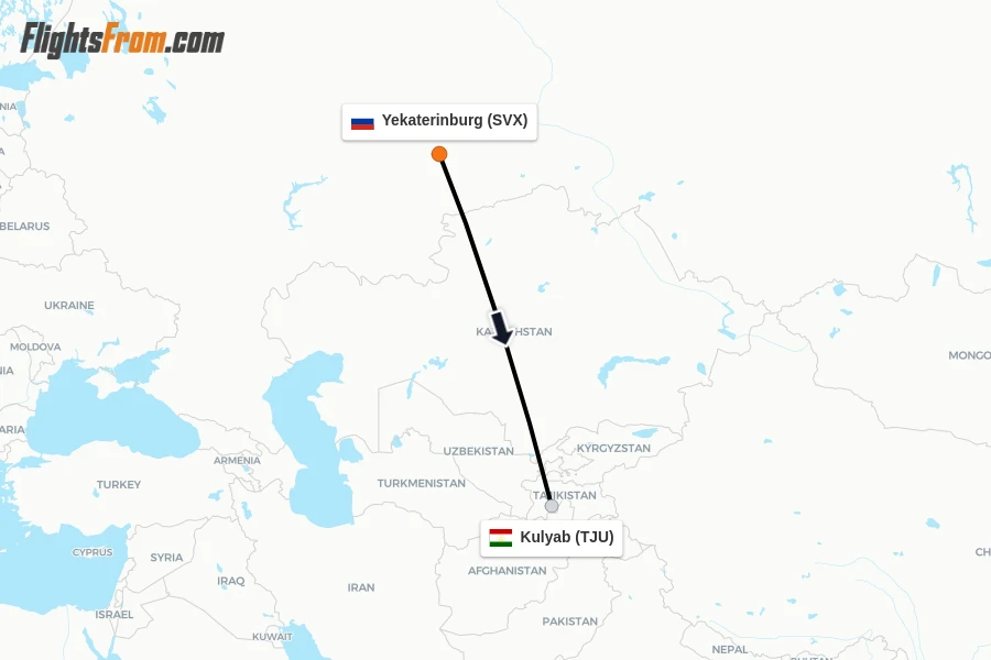 Flights from Yekaterinburg to Kulyab route map