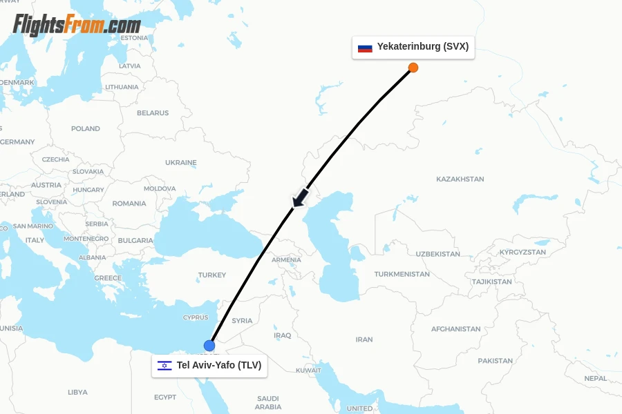 Flights from Yekaterinburg to Tel Aviv-Yafo route map