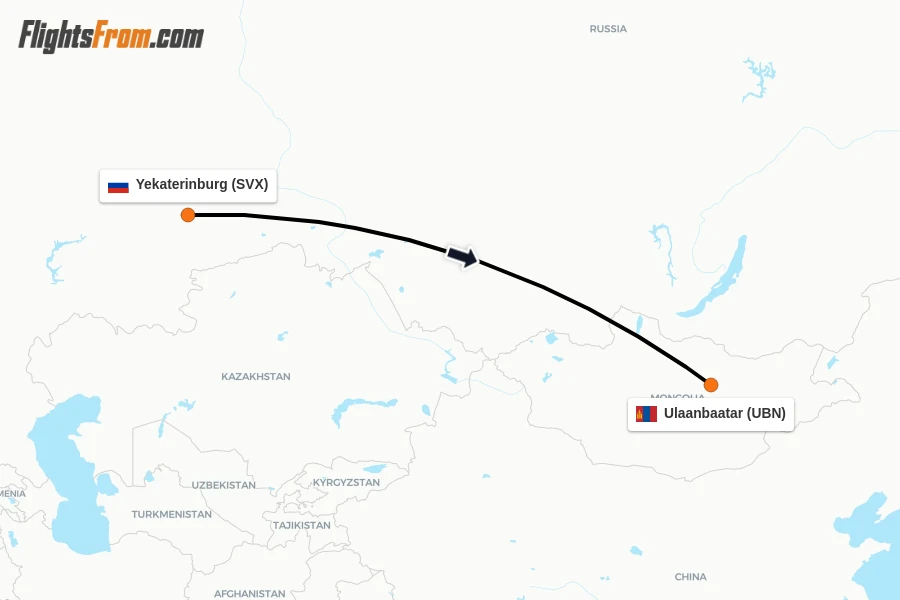 Flights from Yekaterinburg to Ulaanbaatar route map