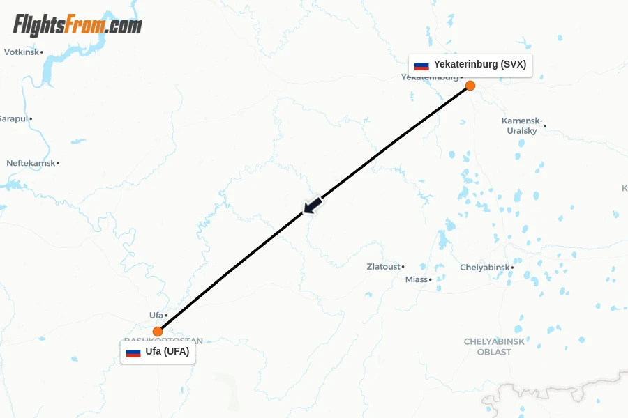 Flights from Yekaterinburg to Ufa route map