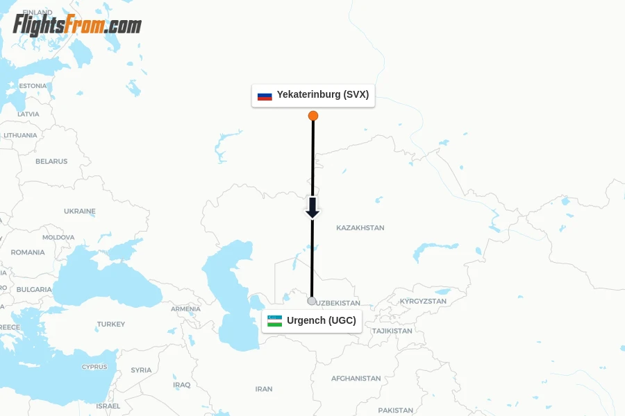 Flights from Yekaterinburg to Urgench route map