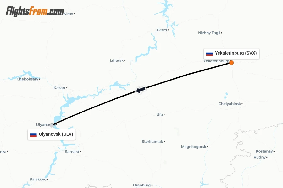 Flights from Yekaterinburg to Ulyanovsk route map
