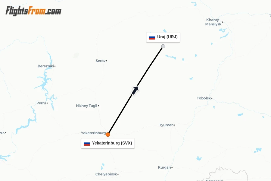 Flights from Yekaterinburg to Uraj route map