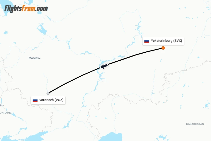 Flights from Yekaterinburg to Voronezh route map