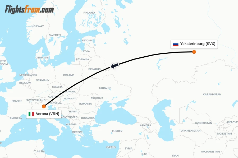 Flights from Yekaterinburg to Verona route map