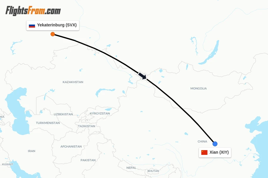 Flights from Yekaterinburg to Xian route map