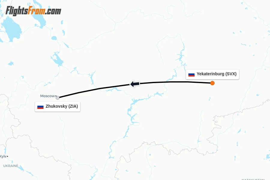 Flights from Yekaterinburg to Zhukovsky route map
