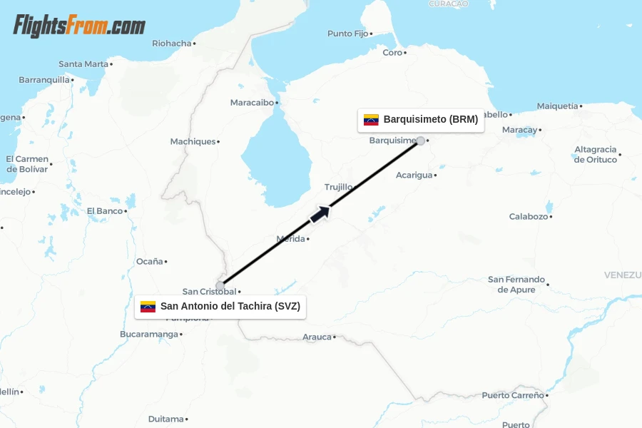 Flights from San Antonio del Tachira to Barquisimeto route map