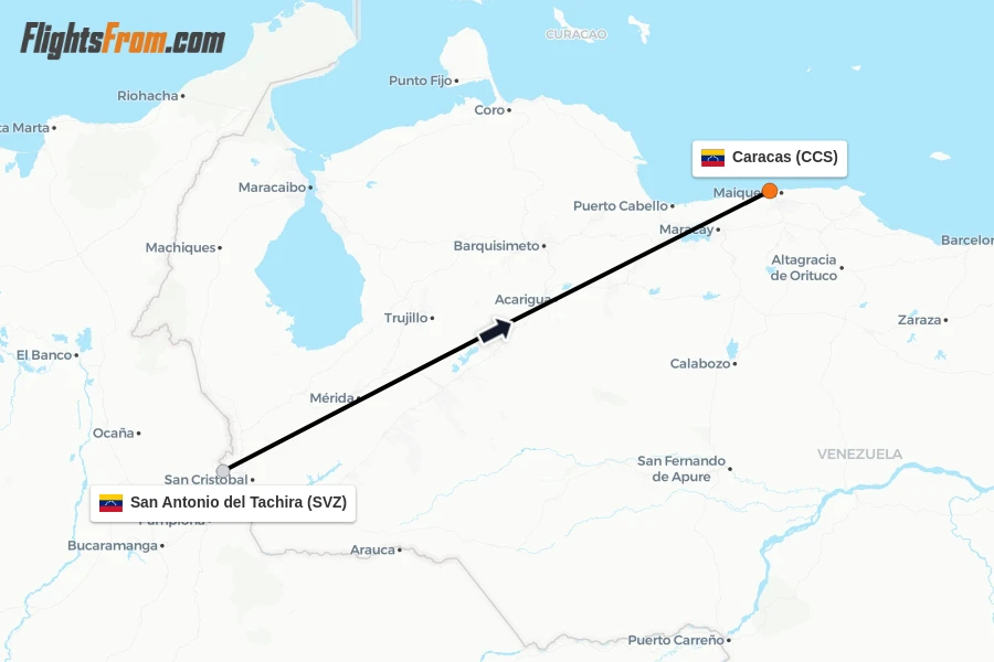 Flights from San Antonio del Tachira to Caracas route map