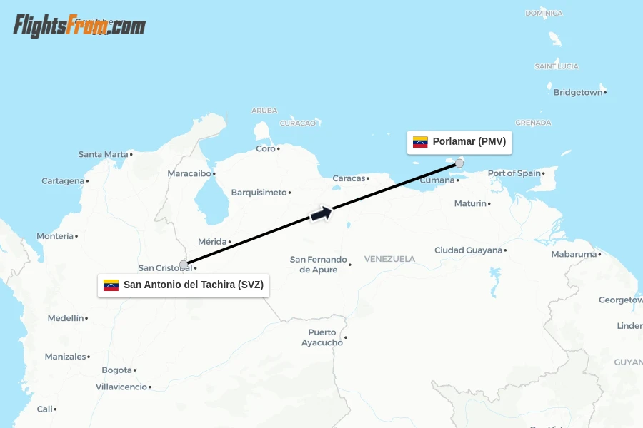 Flights from San Antonio del Tachira to Porlamar route map