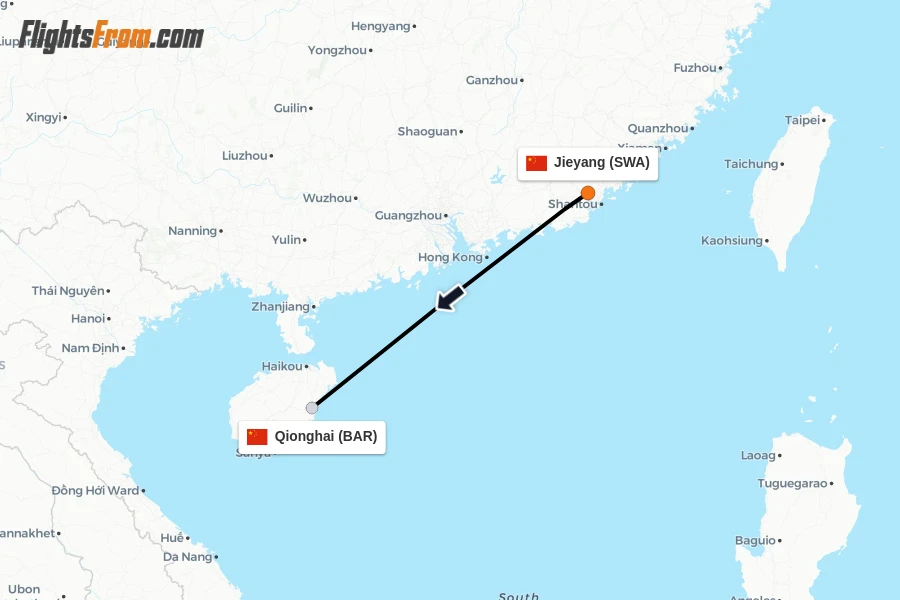 Flights from Jieyang to Qionghai route map