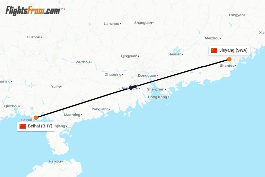 Flights from Jieyang to Beihai route map