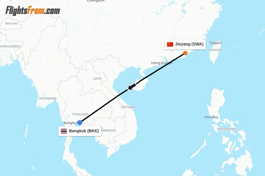 Flights from Jieyang to Bangkok route map