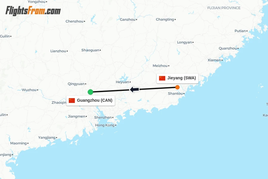 Flights from Jieyang to Guangzhou route map