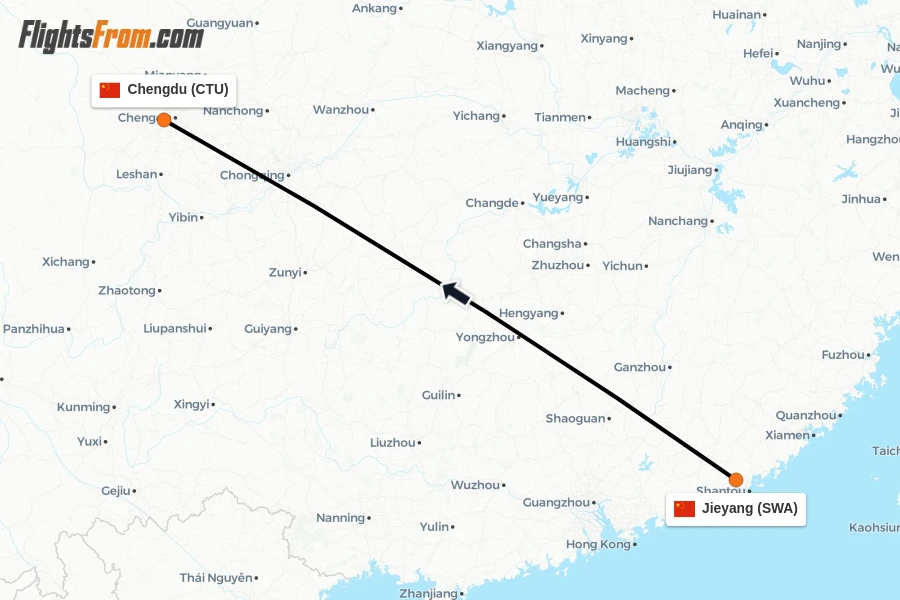 Flights from Jieyang to Chengdu route map