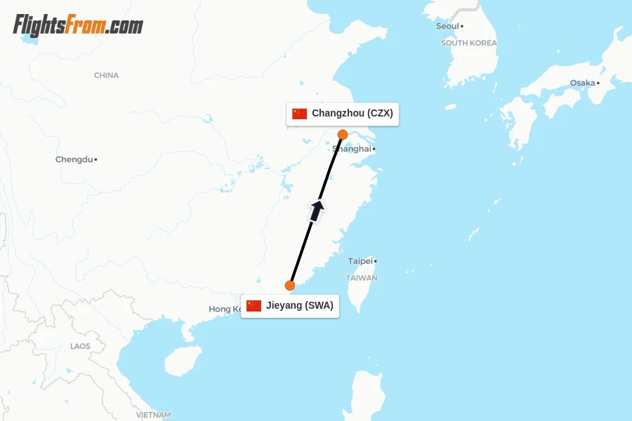 Flights from Jieyang to Changzhou route map