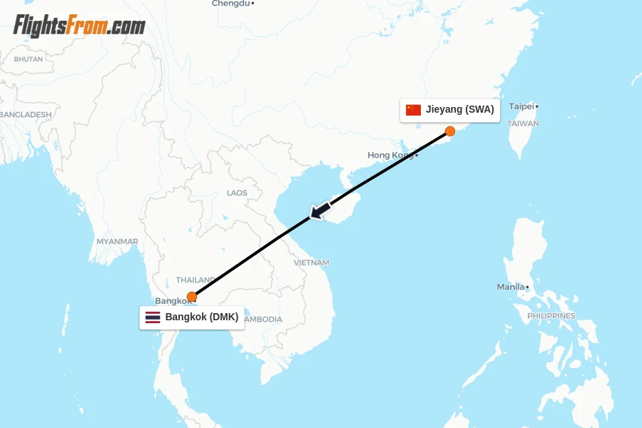 Flights from Jieyang to Bangkok route map
