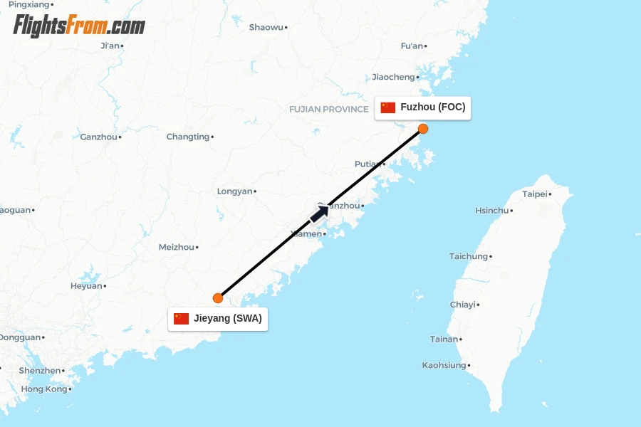 Flights from Jieyang to Fuzhou route map