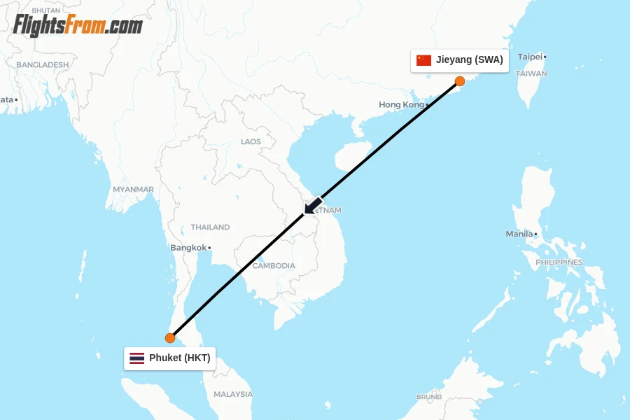 Flights from Jieyang to Phuket route map