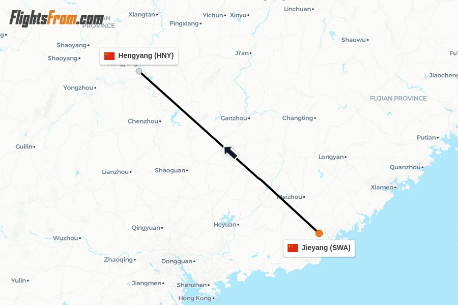 Flights from Jieyang to Hengyang route map