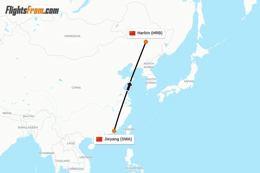 Flights from Jieyang to Harbin route map
