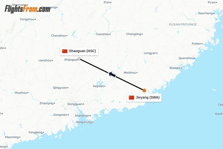 Flights from Jieyang to Shaoguan route map