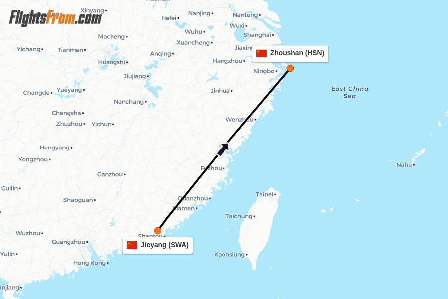 Flights from Jieyang to Zhoushan route map