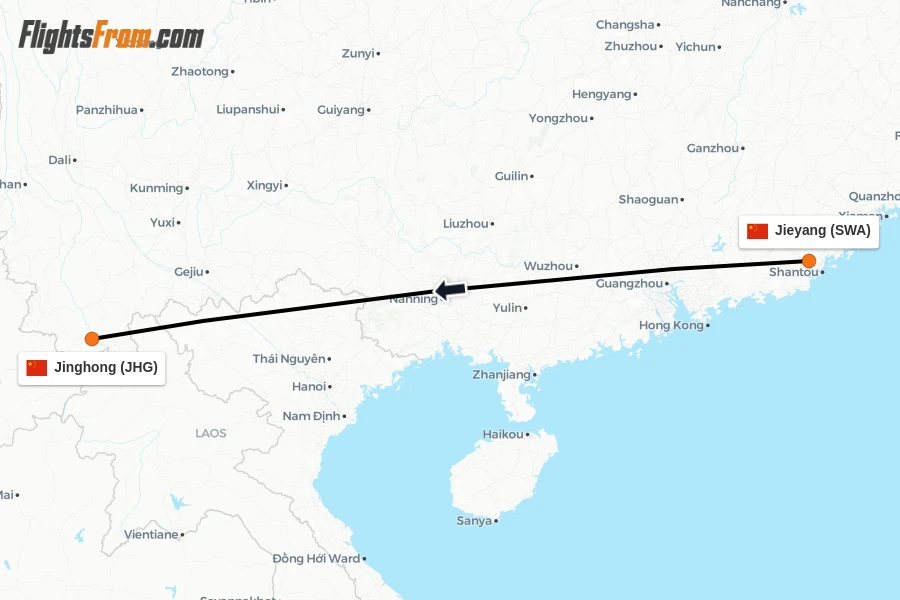 Flights from Jieyang to Jinghong route map
