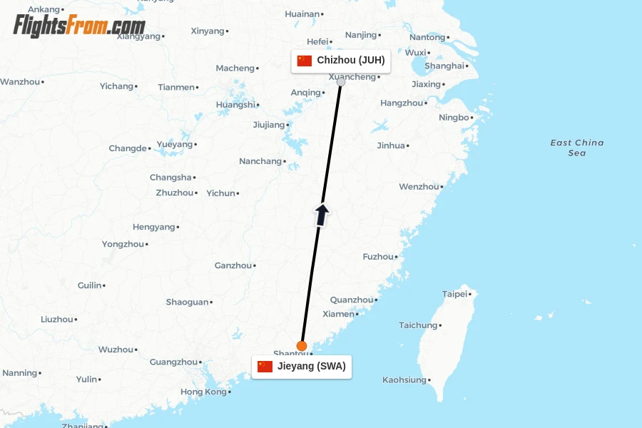 Flights from Jieyang to Chizhou route map