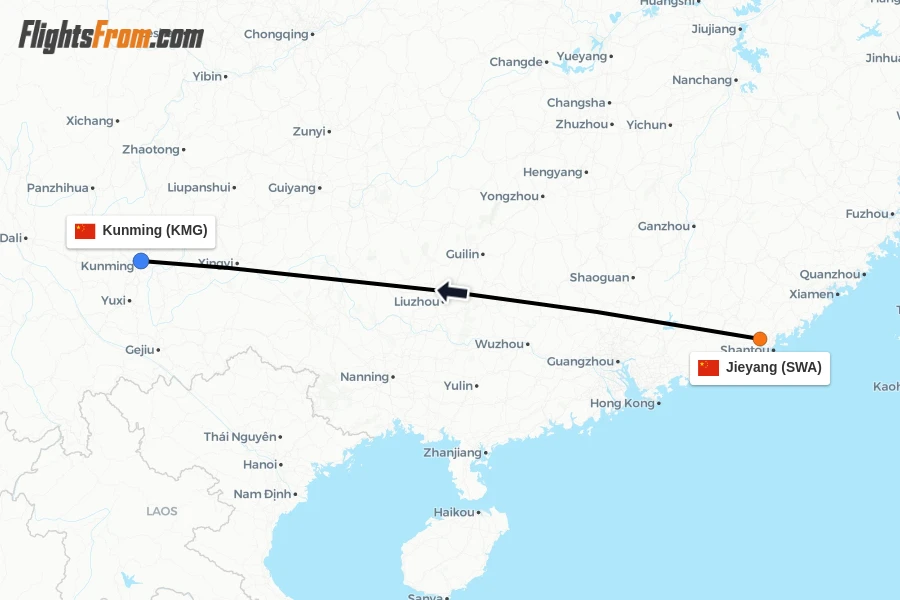 Flights from Jieyang to Kunming route map