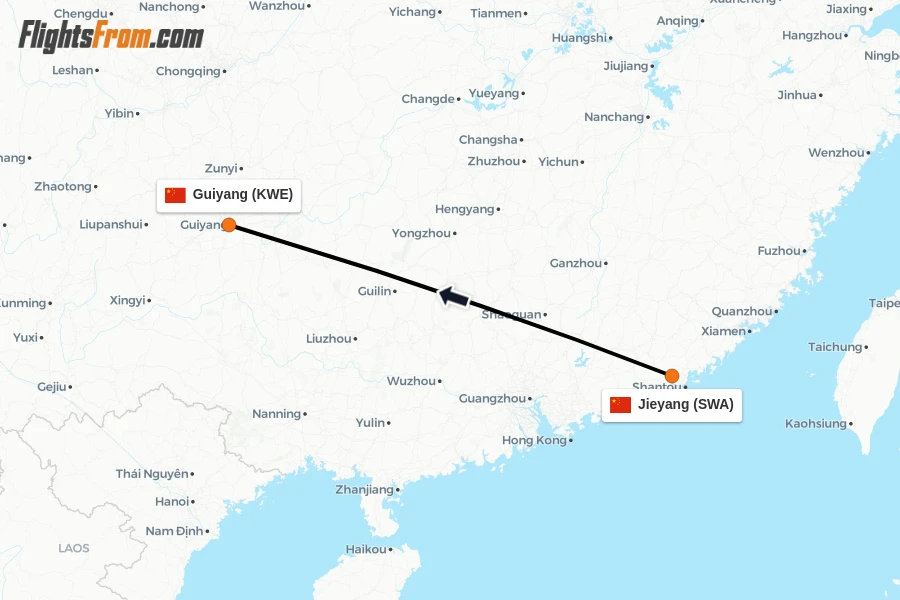 Flights from Jieyang to Guiyang route map