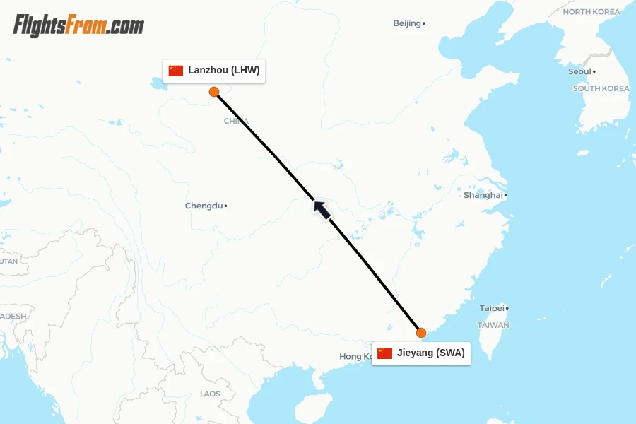 Flights from Jieyang to Lanzhou route map