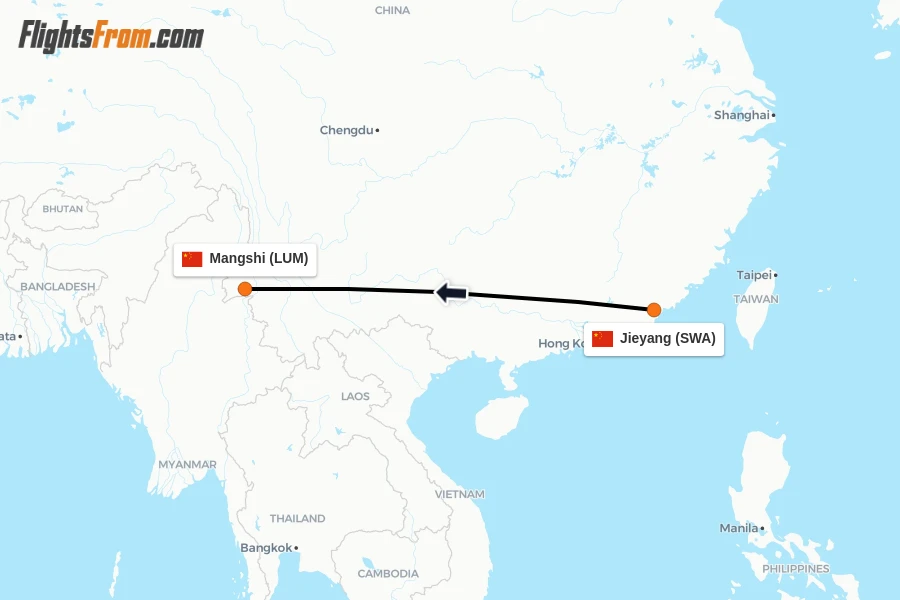 Flights from Jieyang to Mangshi route map