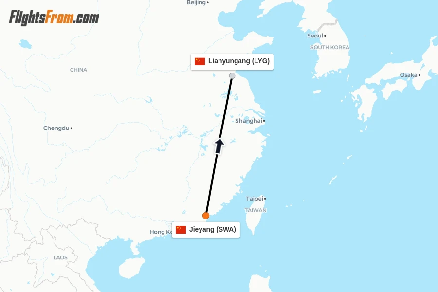 Flights from Jieyang to Lianyungang route map