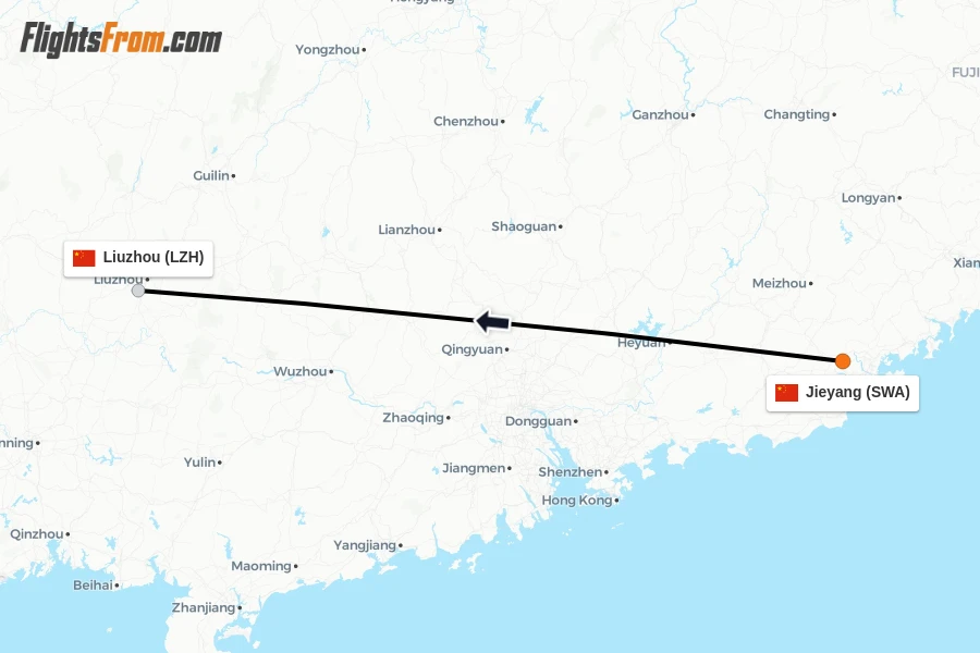 Flights from Jieyang to Liuzhou route map